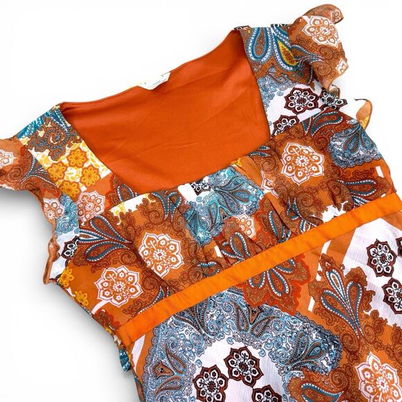 Vtg Y2k Babydoll Peasant Top Size L Orange Fairy Whimsi Paisley Flutter Festival - Picture 4 of 12